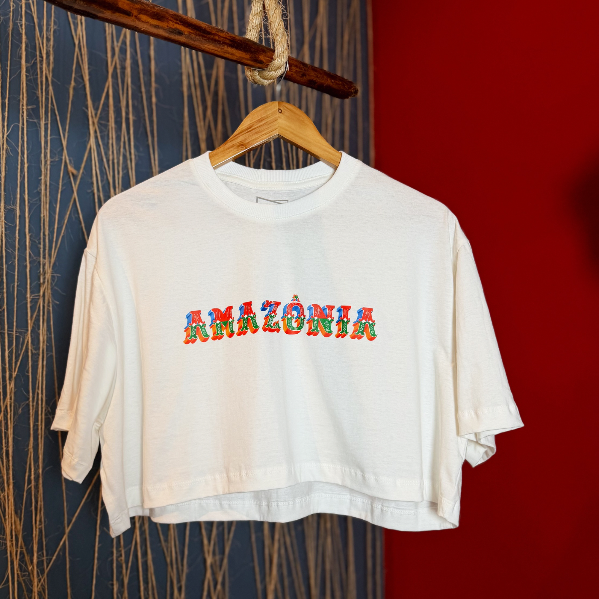 Cropped Amazônia (Letra de Barco) - com manga, Oversized 100% Algodão